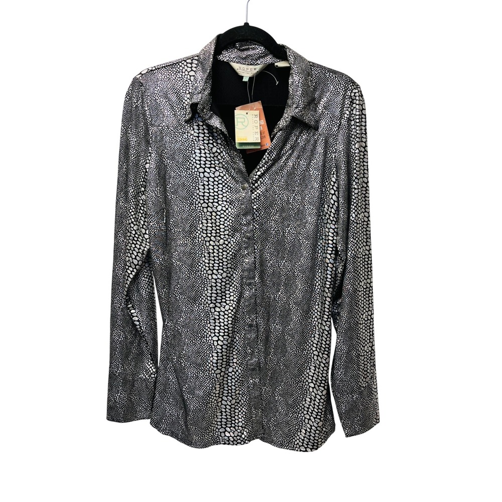 Roper Western Shirt L Silver Black Metallic Pebble Snakeskin Snap Rodeo Glam NWT